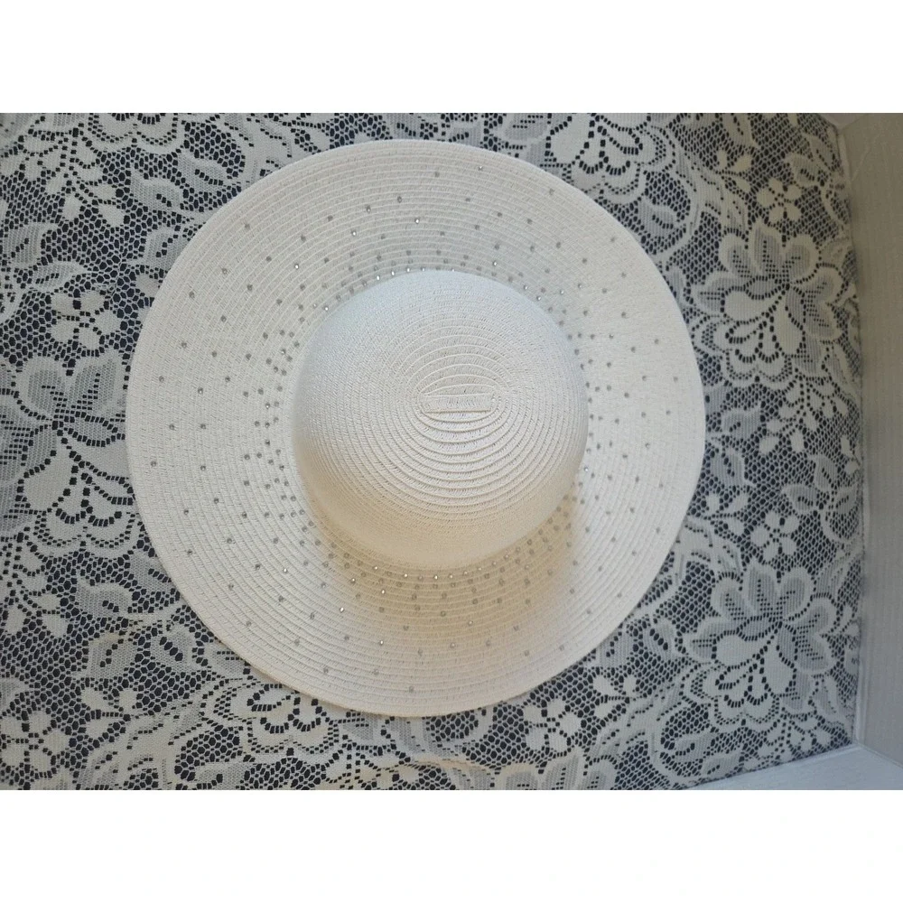 Scala Pronto Wide Brim Hat White Silver‎ Rhinestone OS Beach Vacation Resort